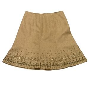 Brown Wool Embellished Midi Skirt Beaded A Line Boho 12 Office Workwear Elegant